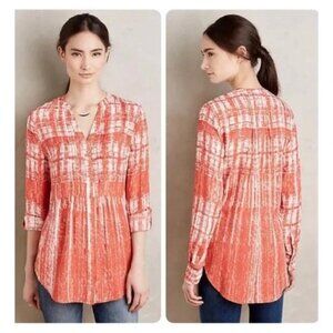 EUC Anthropologie Calia LS Button Down Tunic Blouse, Size 0, Orange/White